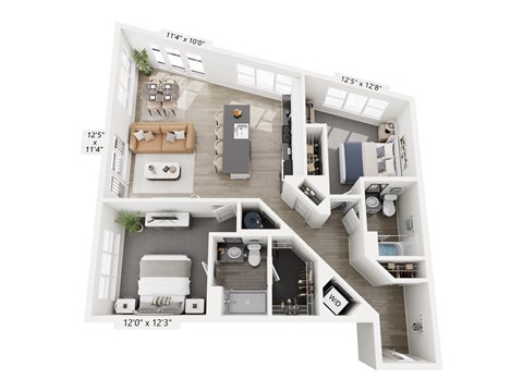 The Diverge floor plan at Contrast OTR in Cincinnati’s Over-the-Rhine is a two-bedroom, two-bath with a unique layout, open living, and in-unit laundry—perfect for stylish downtown living near TQL Stadium
